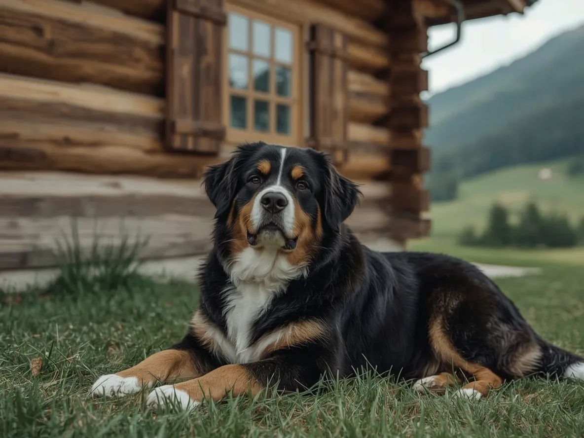 bernese mountain dog resting near wooden cabin in alpine setting