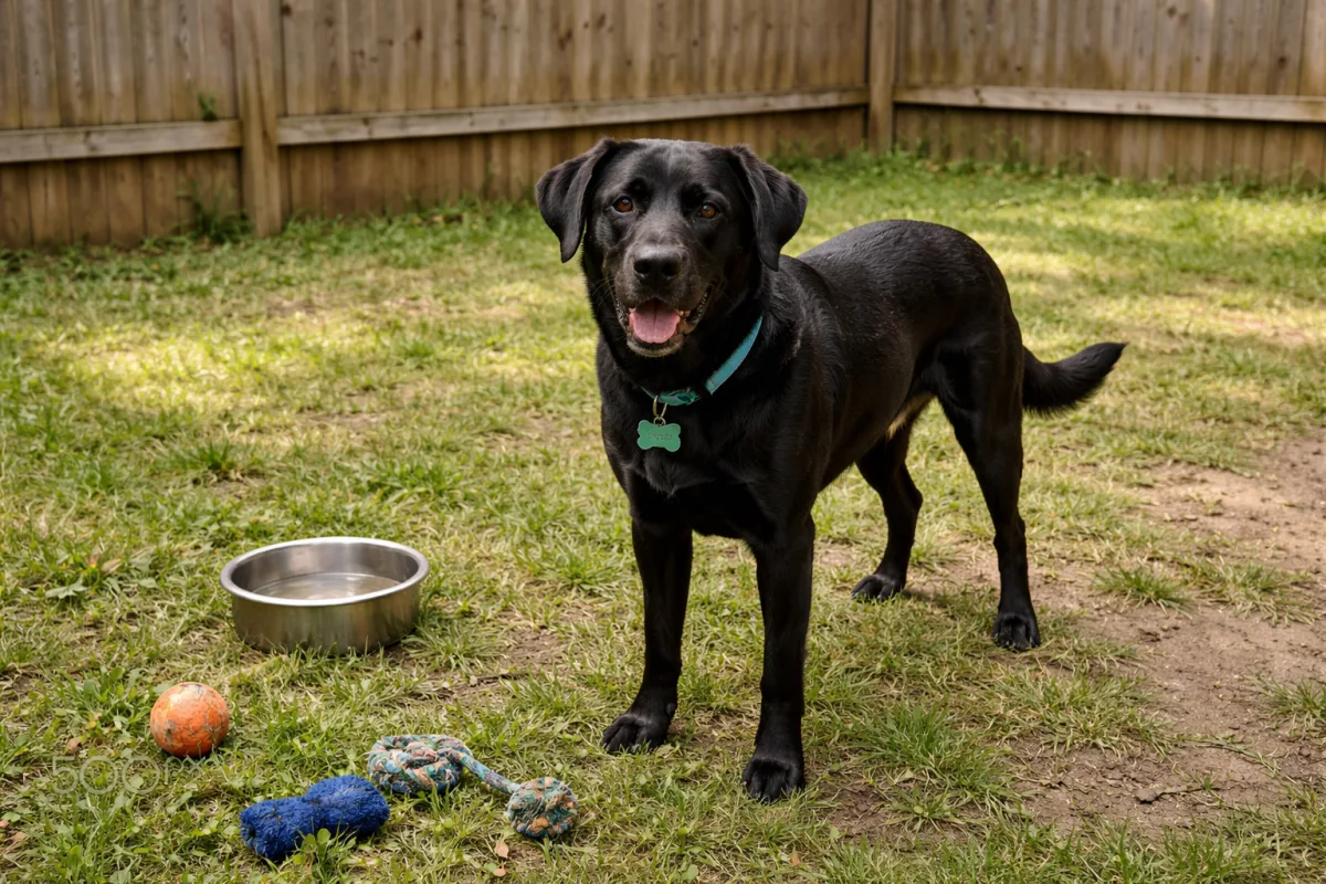 Black dog with a thoughtful name tag