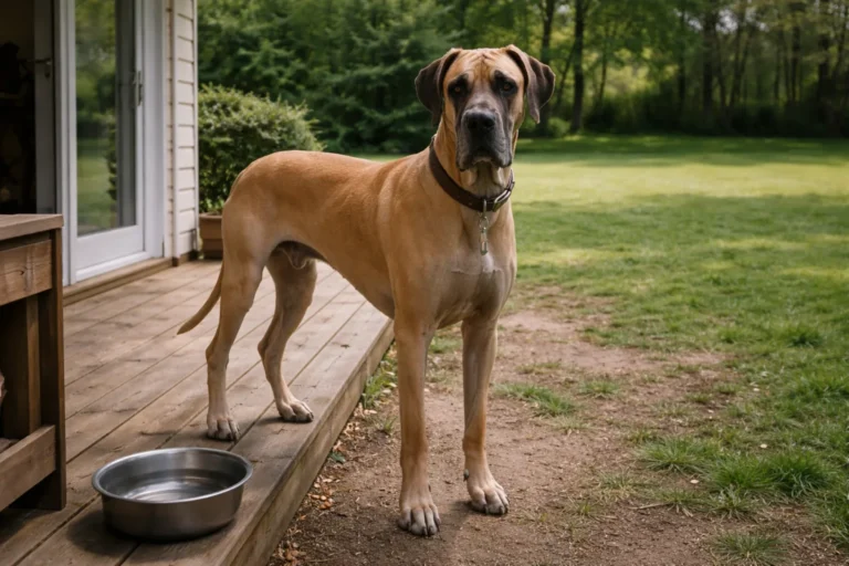 Great Dane beside a rustic porch