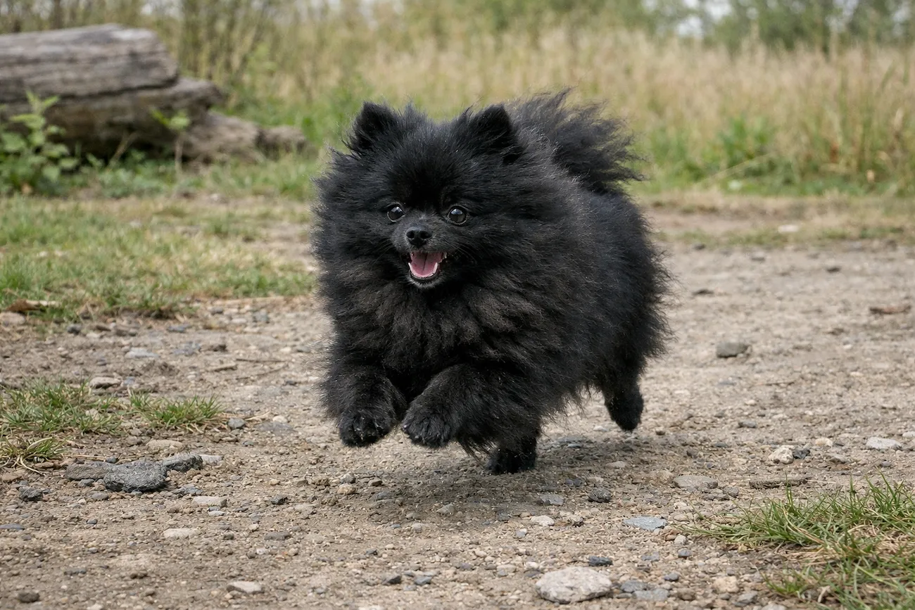 small black pomeranian running outdoors