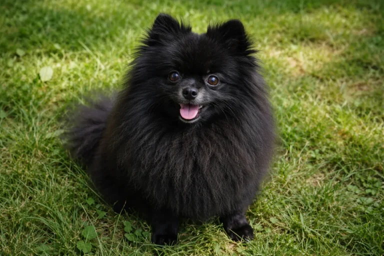 black pomeranian sitting on grass shiny coat