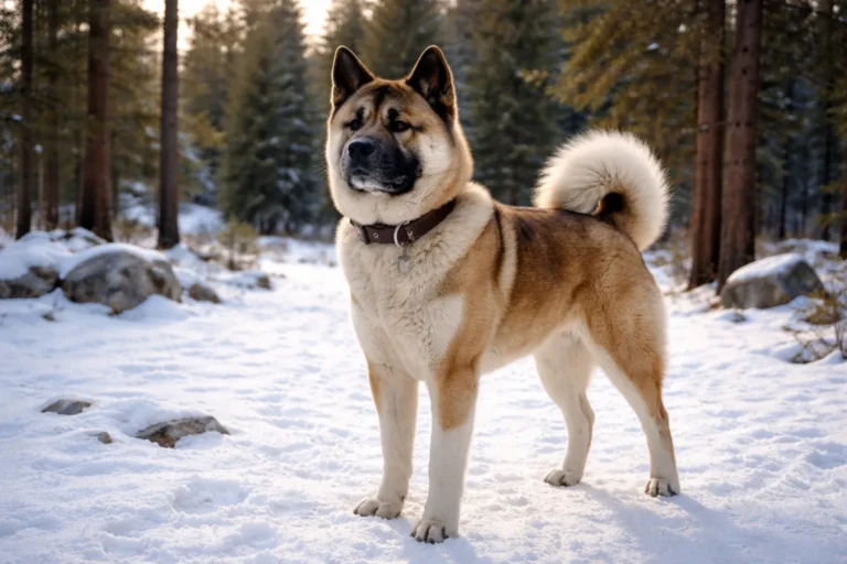 Akita standing in snow with bold name ideas