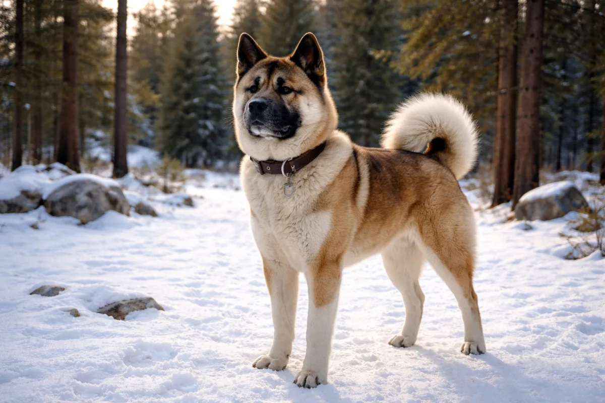 Akita standing in snow with bold name ideas