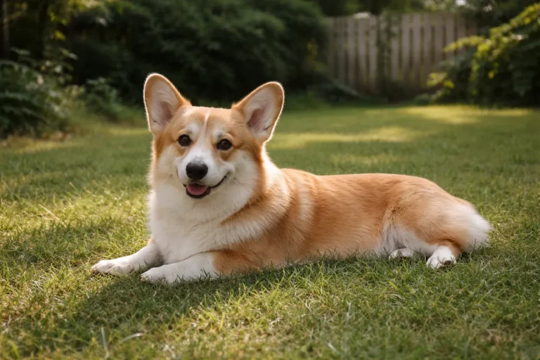 calm corgi lying on grass relaxed