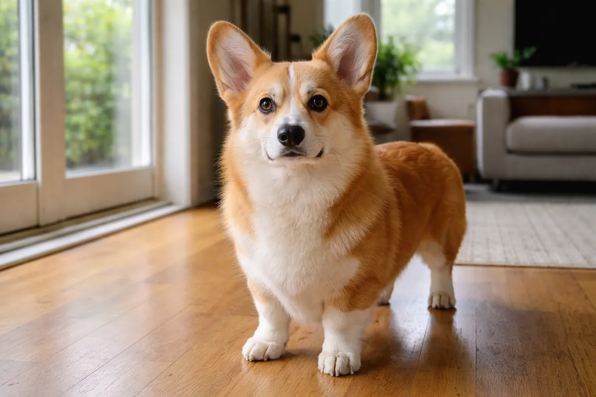 corgi looking alert and confident indoors