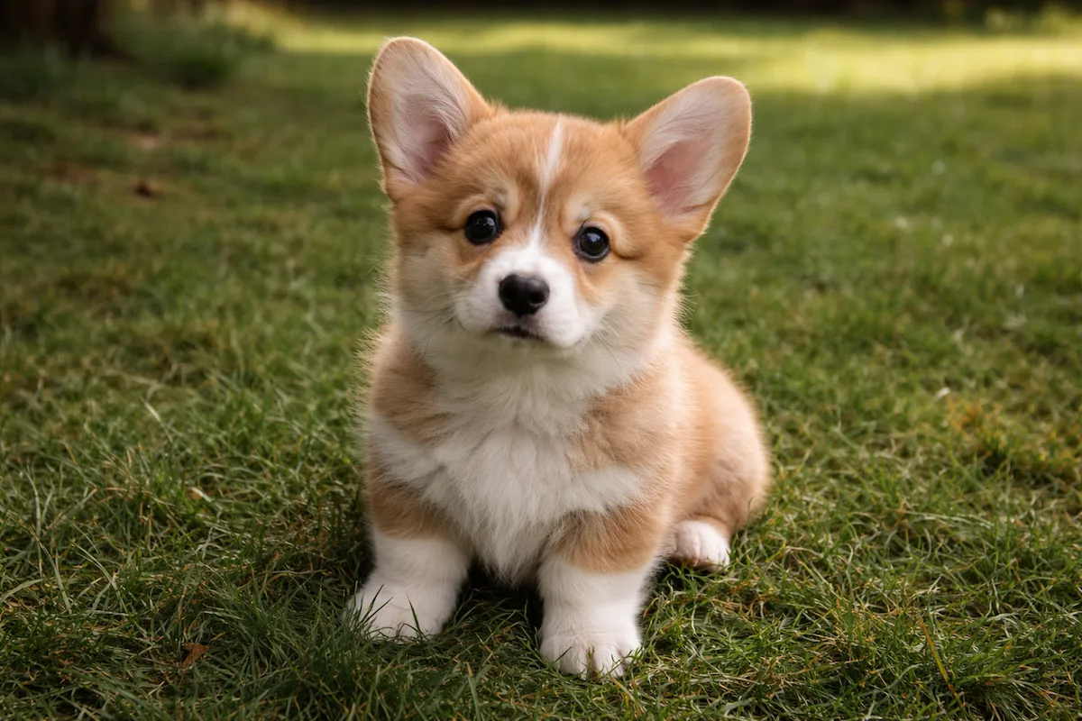 corgi puppy sitting in grass with curious expression