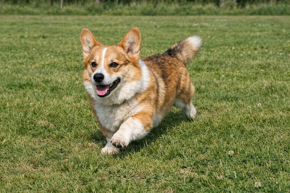 corgi running confidently on grass