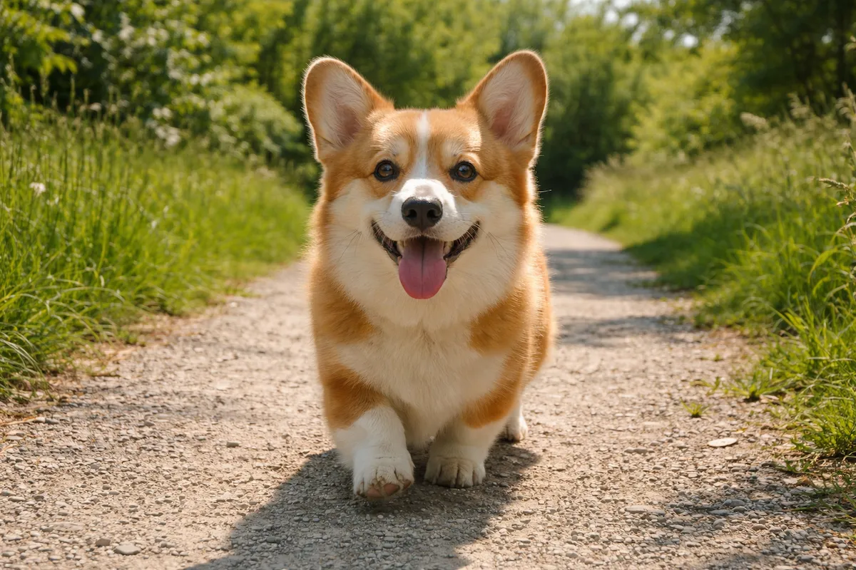 small corgi puppy standing on grass