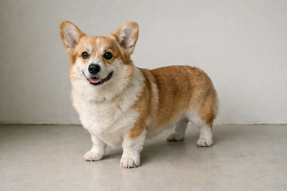corgi standing on plain surface with soft light