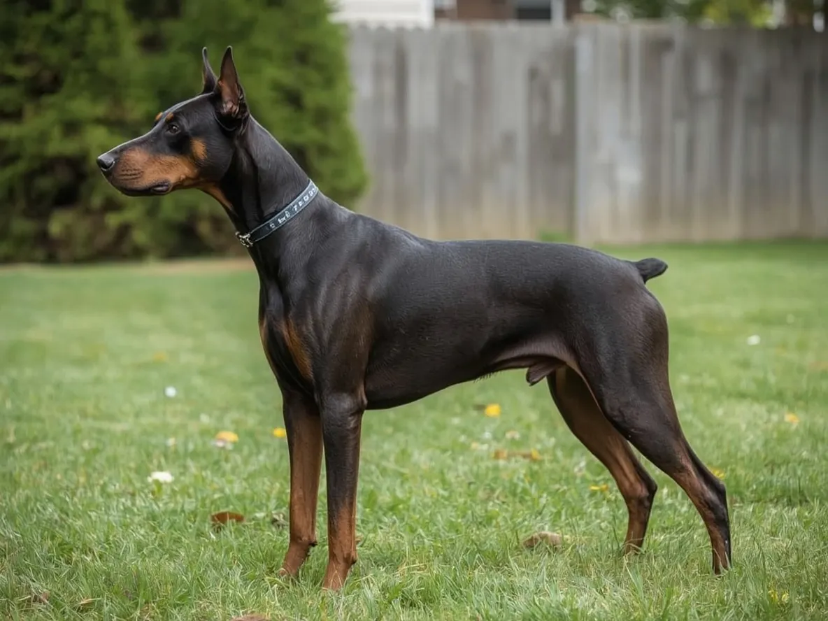 doberman standing alert with strong posture in outdoor yard