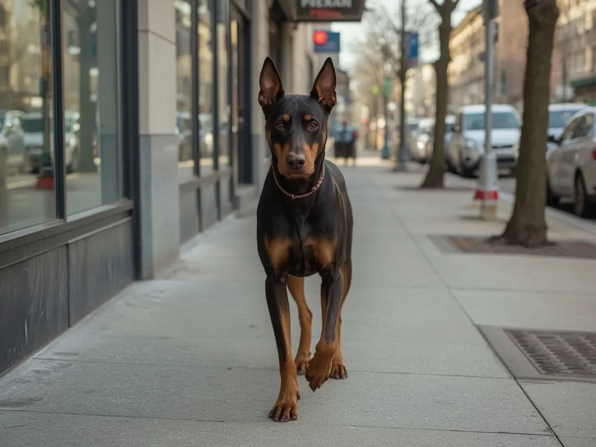 doberman walking on city sidewalk confident urban scene