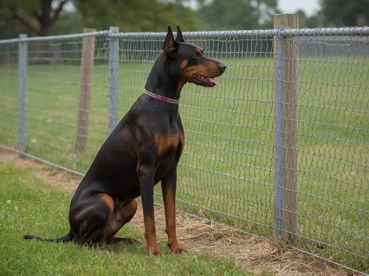 doberman sitting near fence guarding area attentive posture