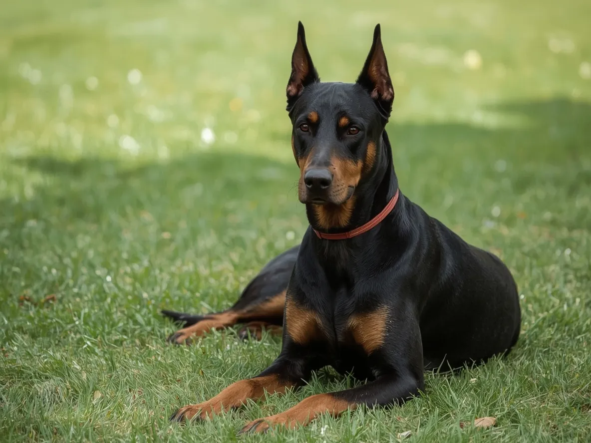 doberman sitting close to owner legs showing loyalty and calm behavior