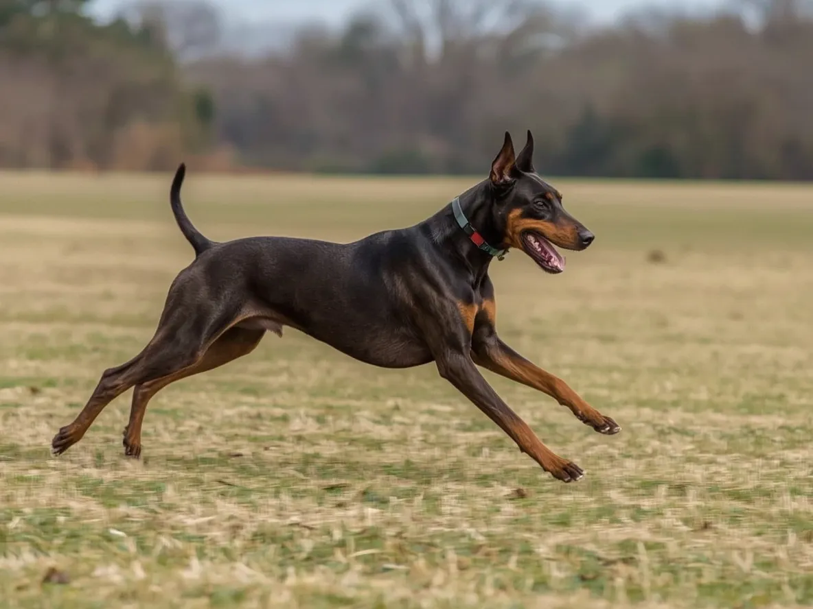 doberman running fast across open field dynamic motion shot