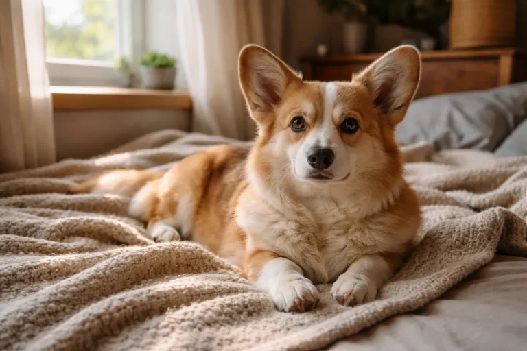corgi lying calmly on soft blanket indoors