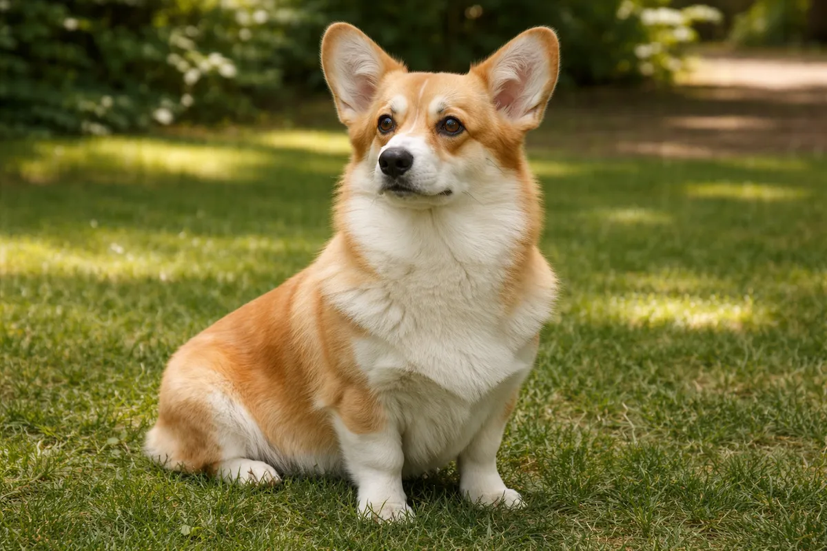 female corgi sitting gracefully on grass