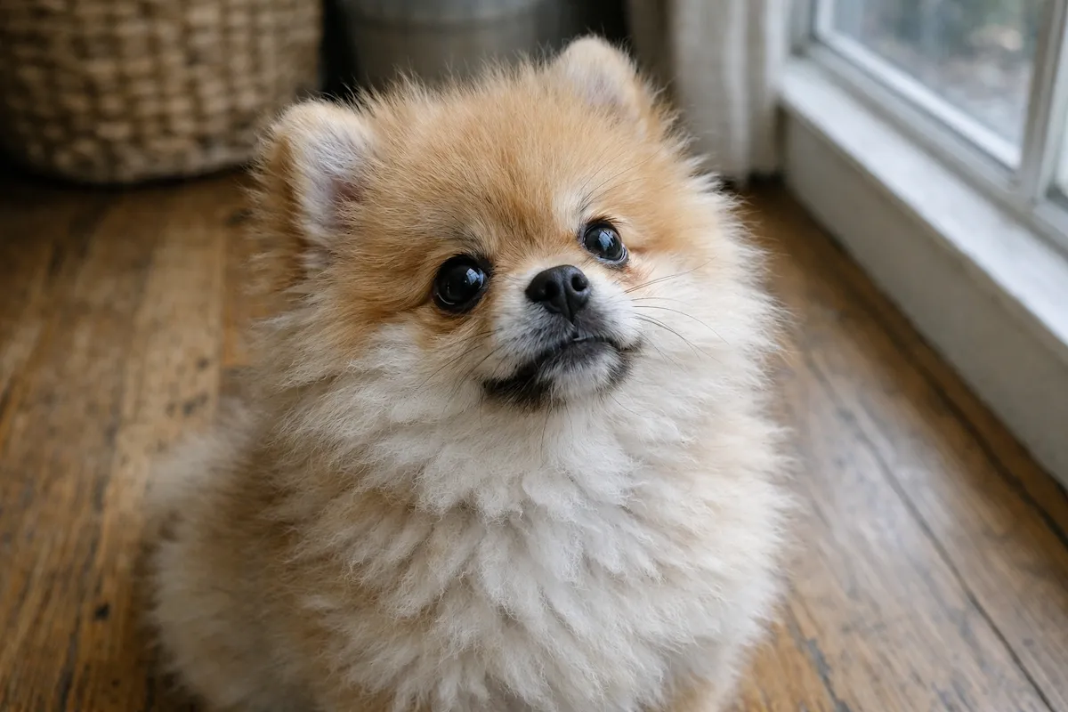 cute female pomeranian puppy looking up