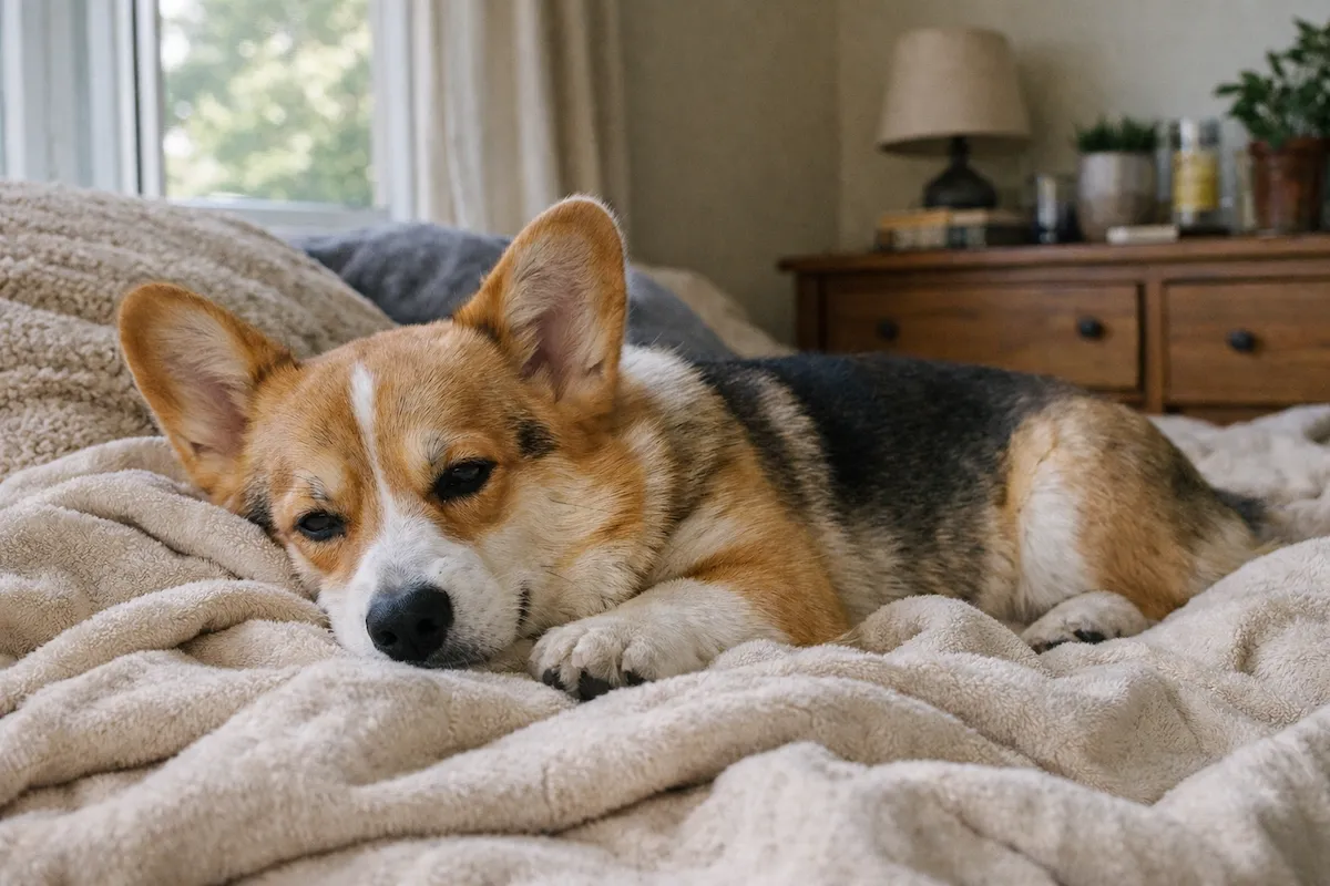 gentle corgi resting indoors on blanket