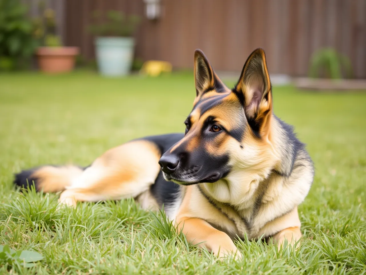 german shepherd lying in backyard grass relaxed but alert