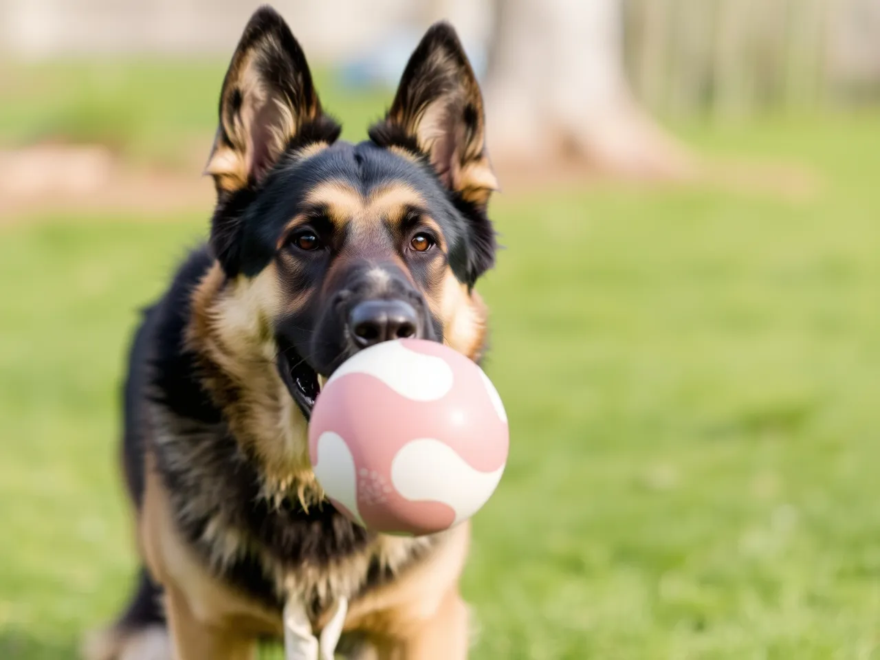 german shepherd holding ball in mouth after playing outdoors