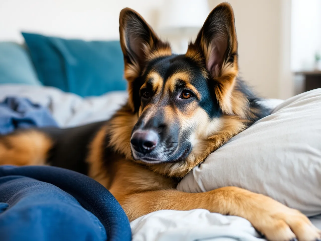 german shepherd lying near bed indoors calm companion behavior