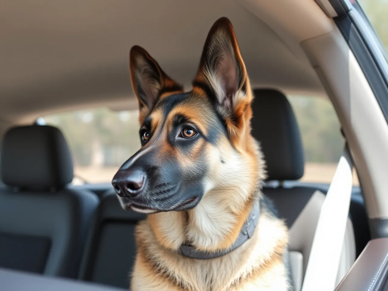 german shepherd sitting in car back seat looking out window