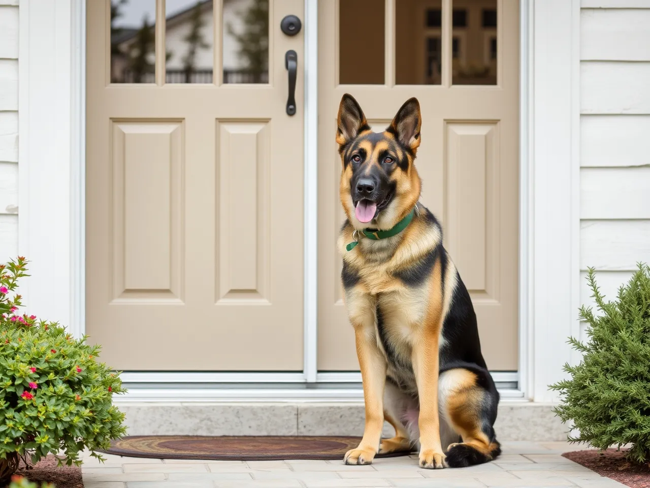 german shepherd sitting near front door waiting alert and calm