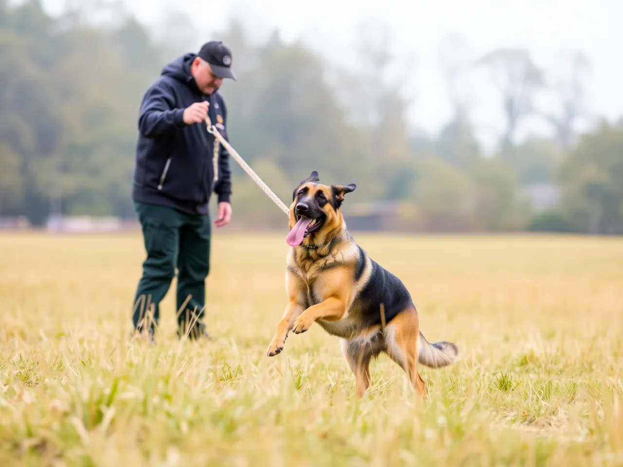 german shepherd responding to training command in outdoor field