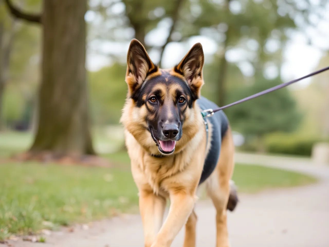 german shepherd walking on leash in park with attentive posture