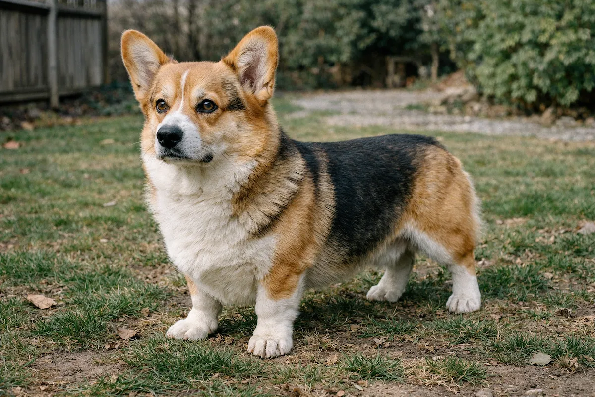 male corgi standing strong on grass