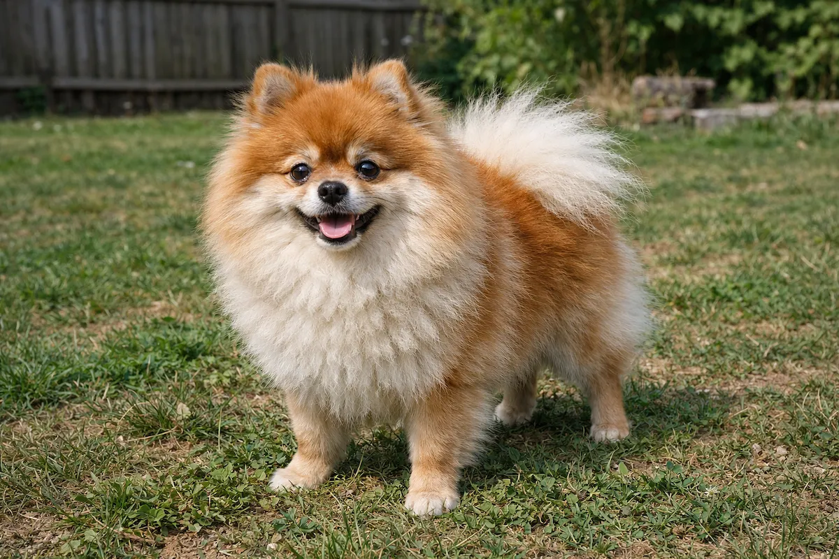 male pomeranian standing confidently outdoors