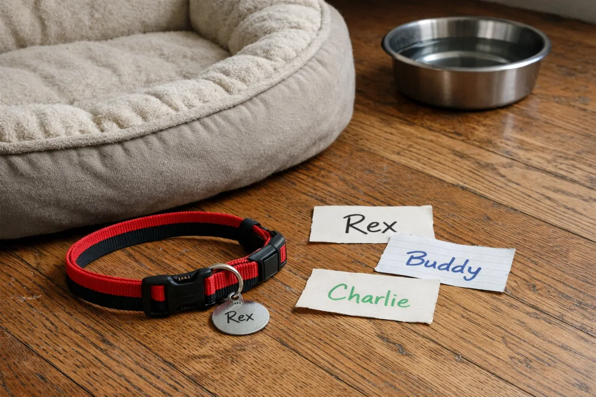 Short minimalist dog names on a clean tag