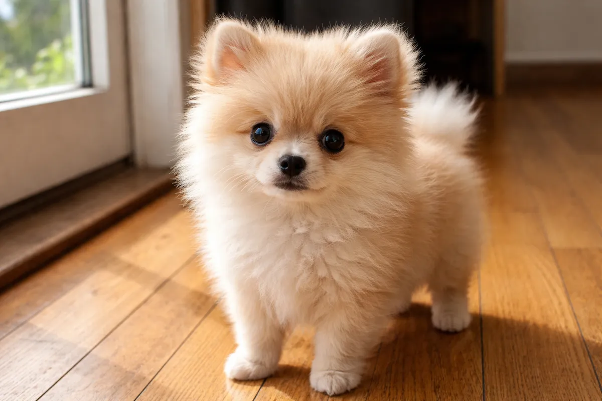 small pomeranian puppy looking curious