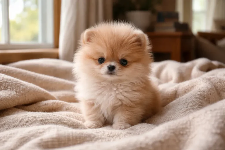 pomeranian puppy sitting on soft blanket
