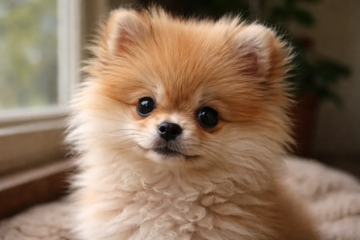 small pomeranian puppy looking at camera close up