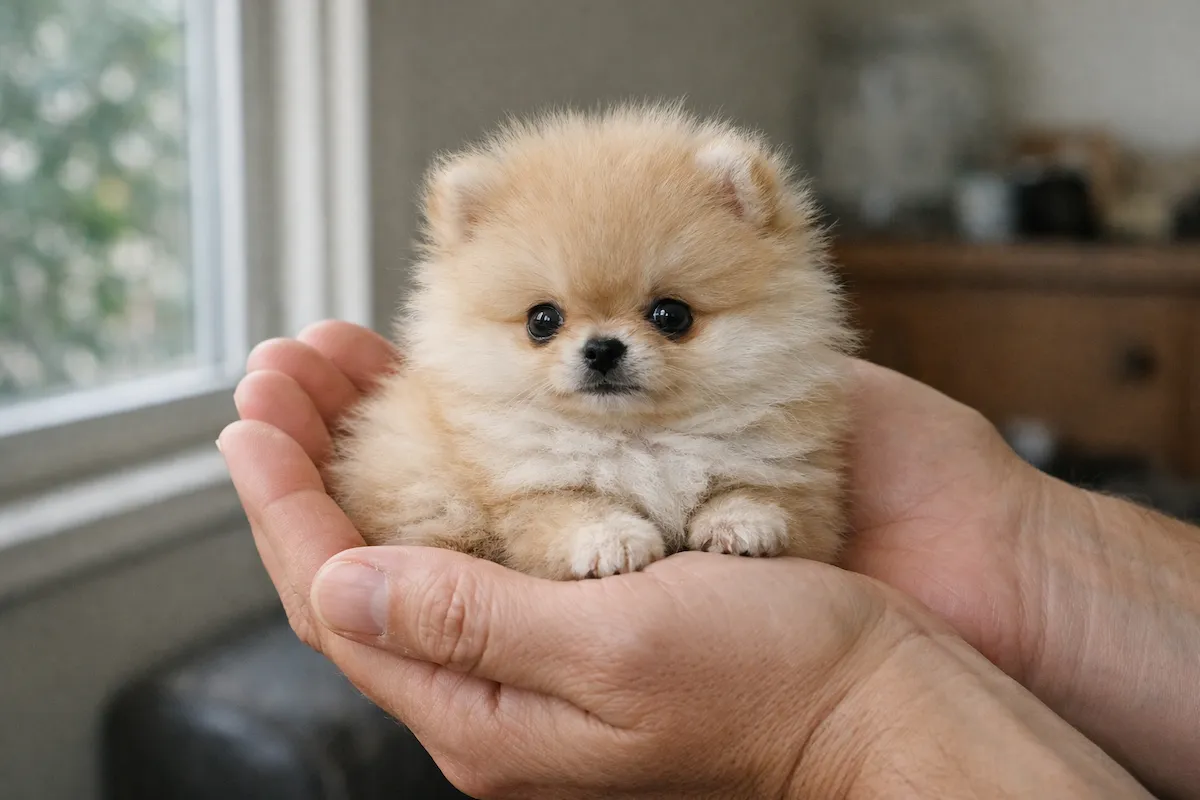 small pomeranian puppy sitting in hands