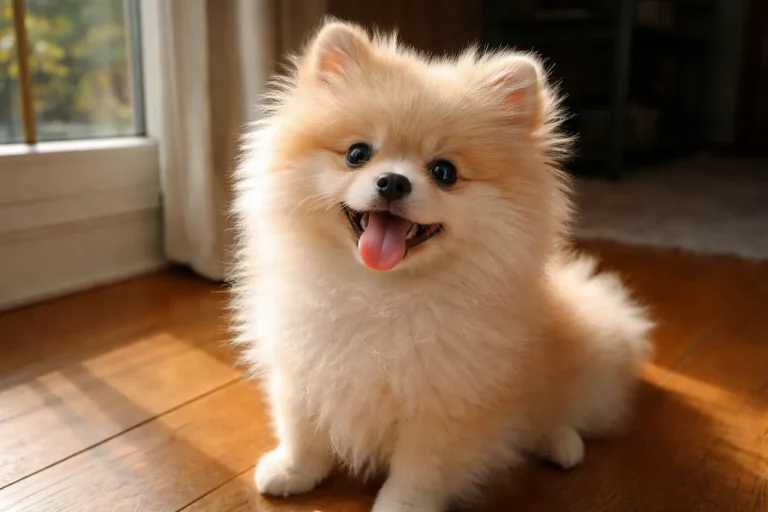pomeranian puppy with tongue out looking happy