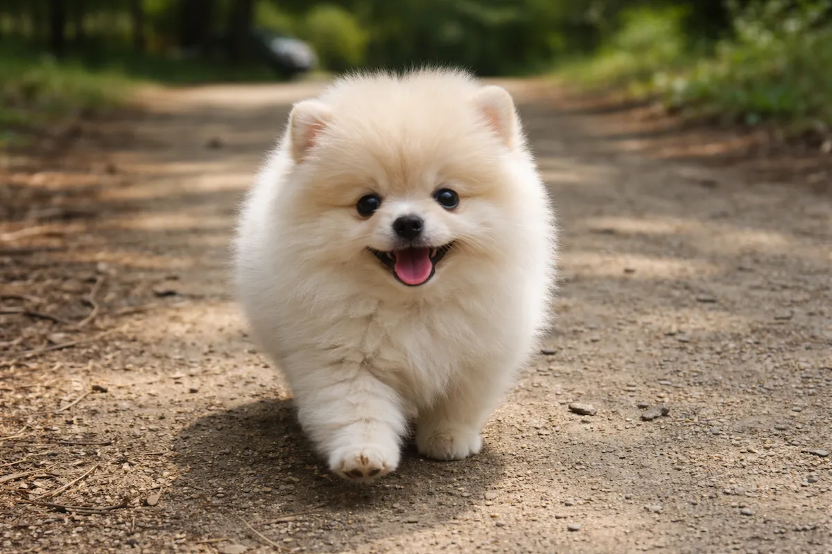 fluffy pomeranian puppy walking outdoors