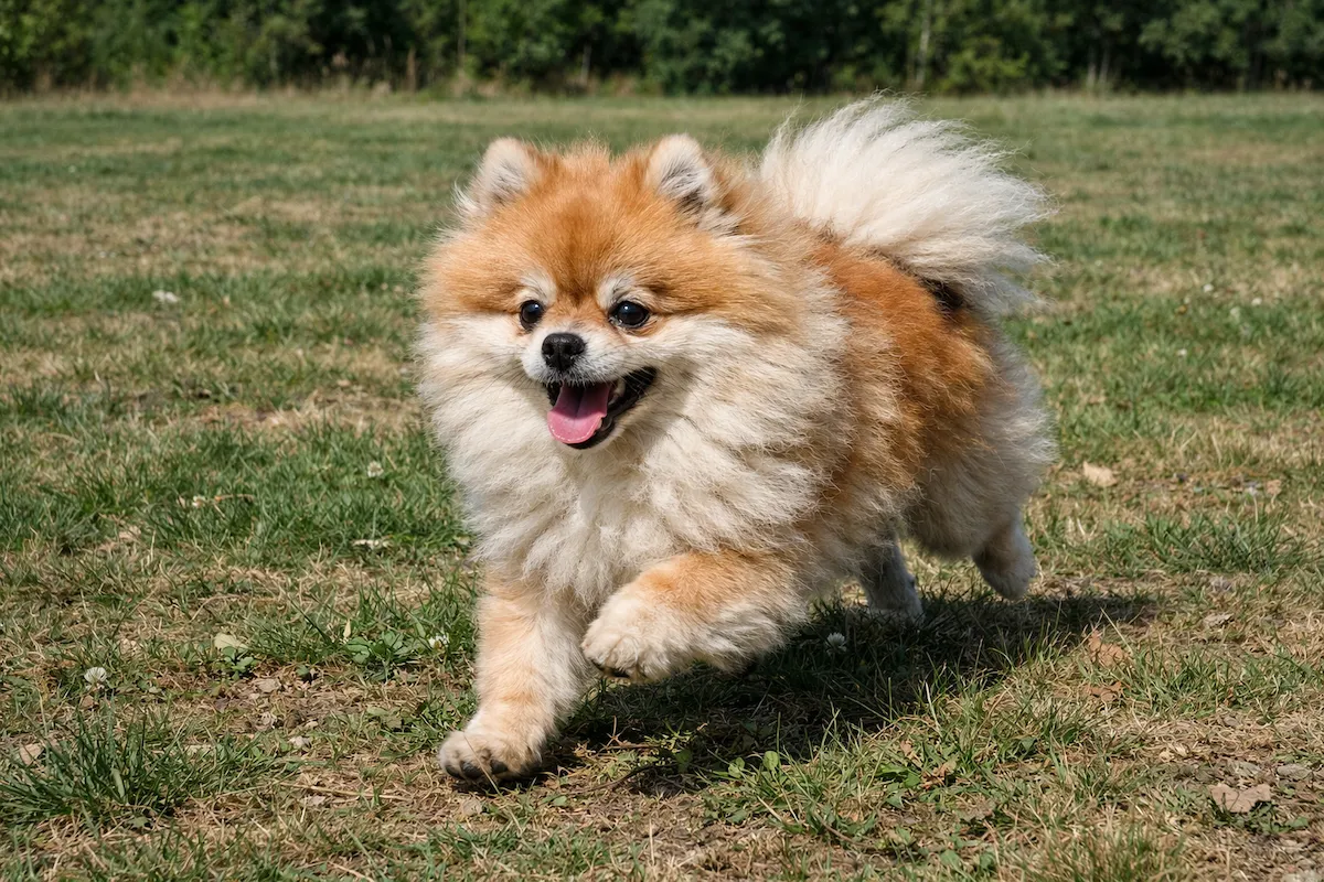pomeranian running on grass playful