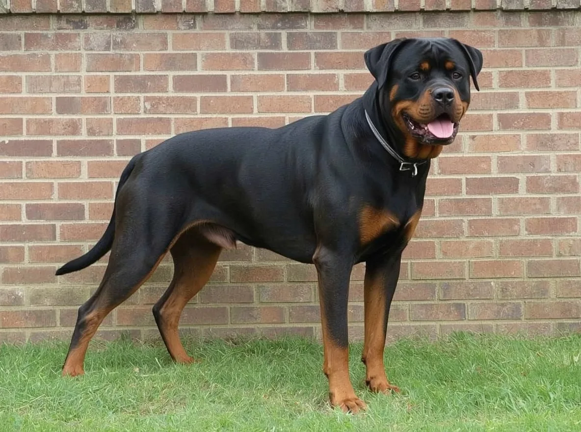 rottweiler standing near brick wall black and tan coat visible