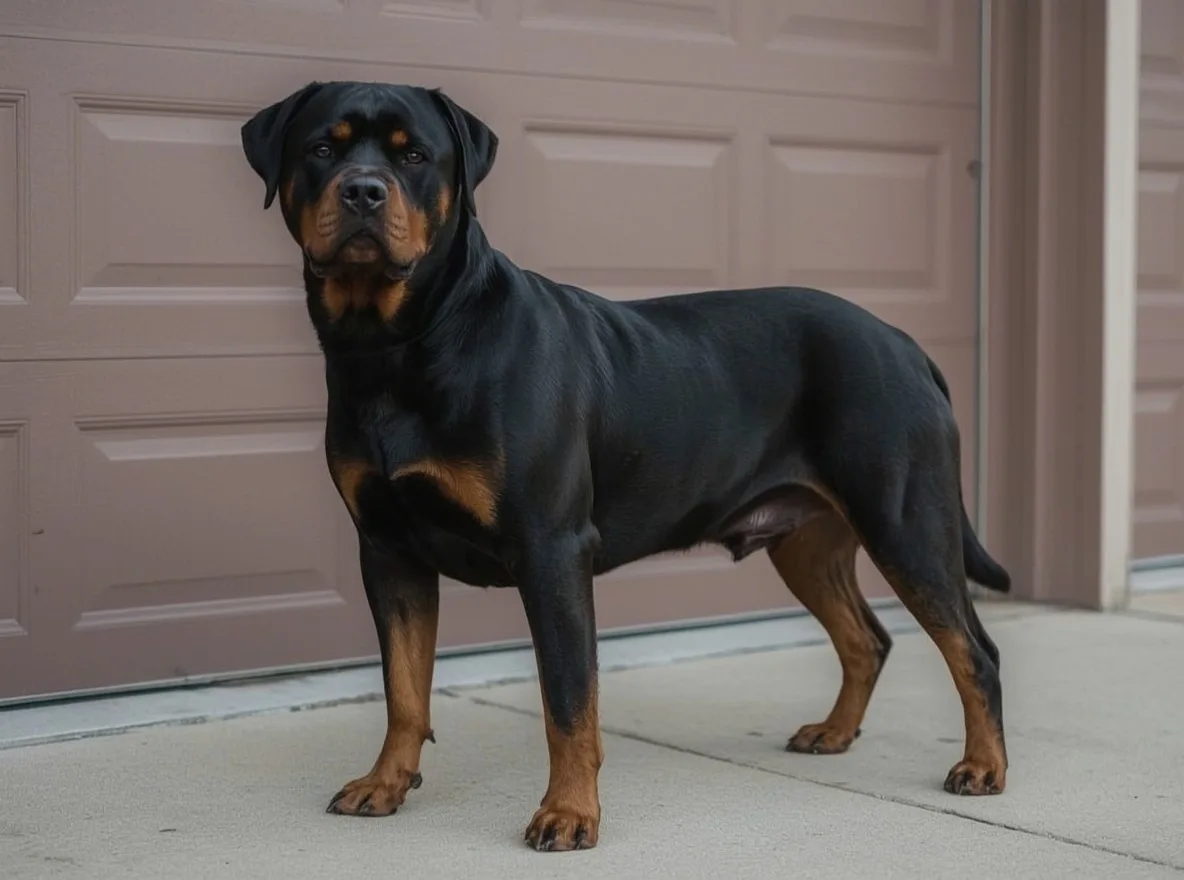 rottweiler standing near garage strong body calm confident posture