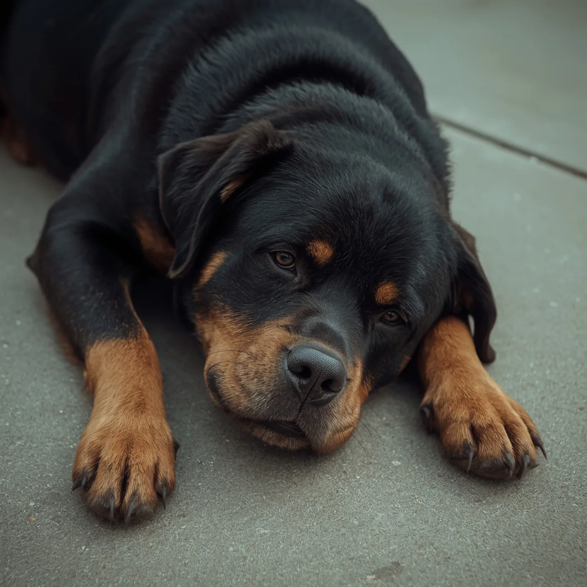 rottweiler lying on concrete surface relaxed but alert state
