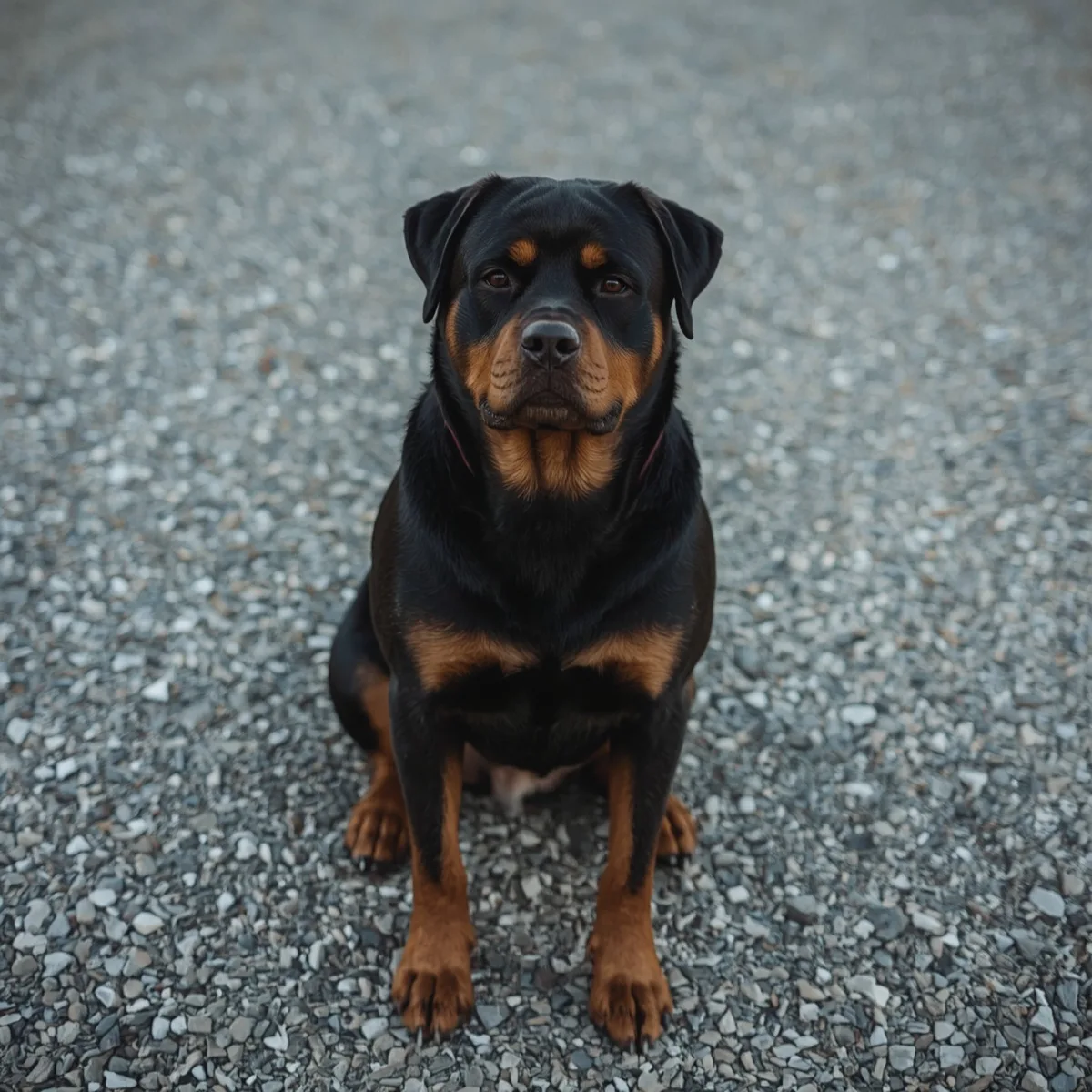 rottweiler sitting on gravel ground attentive and composed expression