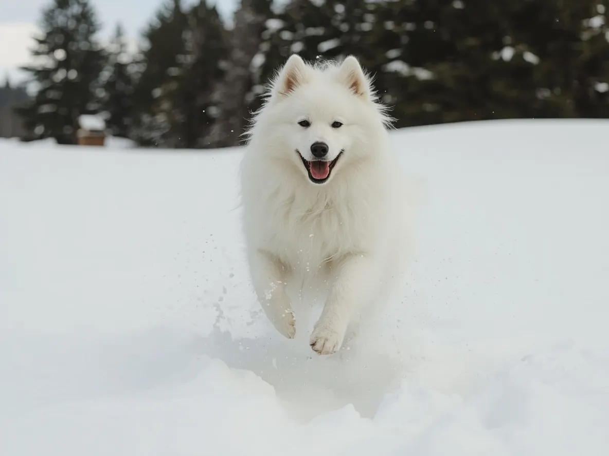 samoyed dog jumping through snow with joyful expression fluffy coat