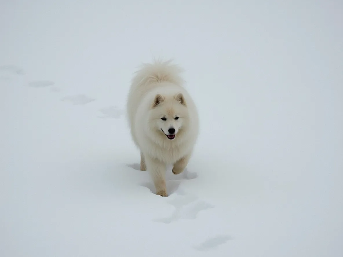 samoyed walking across fresh snow leaving paw prints winter landscape