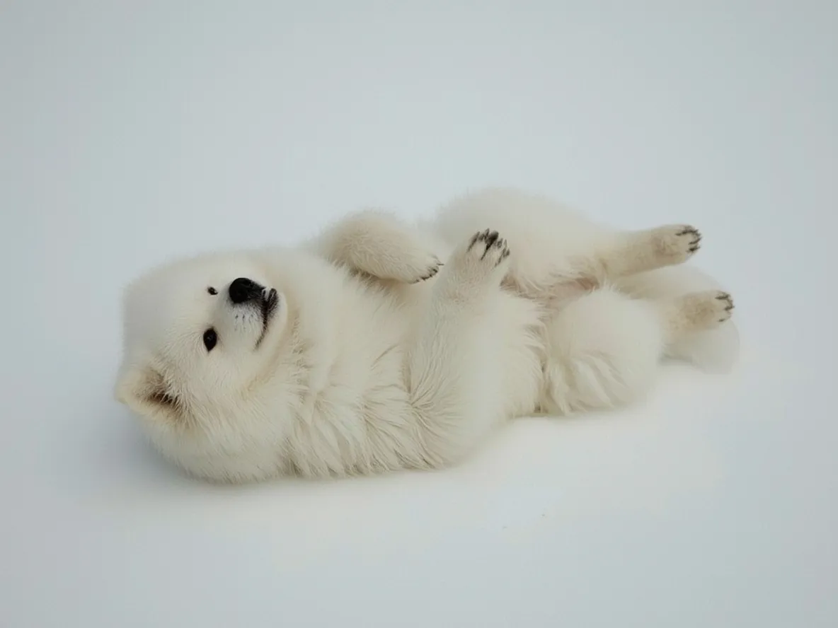 samoyed rolling on back in snow playful and happy moment