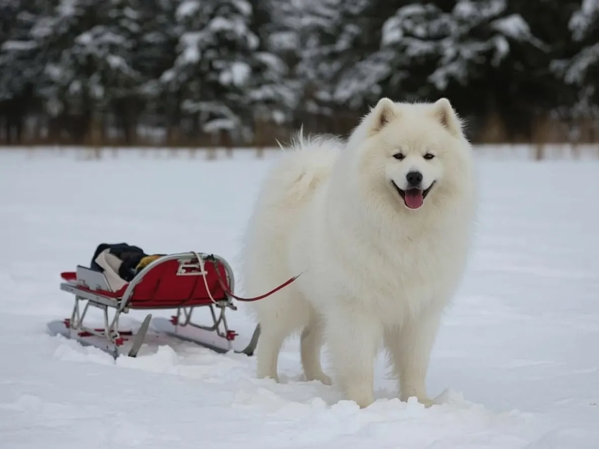 samoyed standing next to sled in snowy field strong and cheerful dog