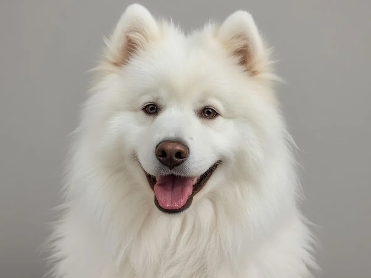 samoyed dog smiling with open mouth fluffy white fur winter scene