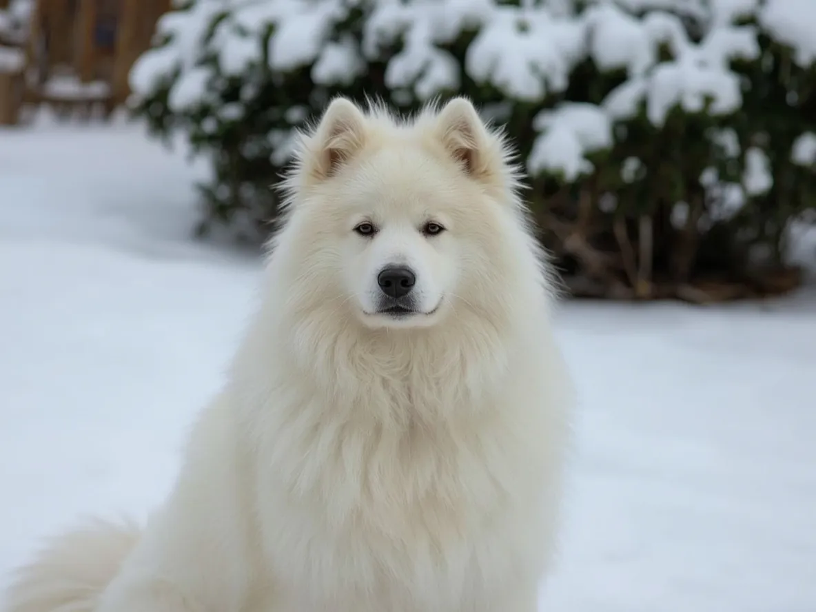 samoyed dog with snow on fur sitting outdoors in cold weather