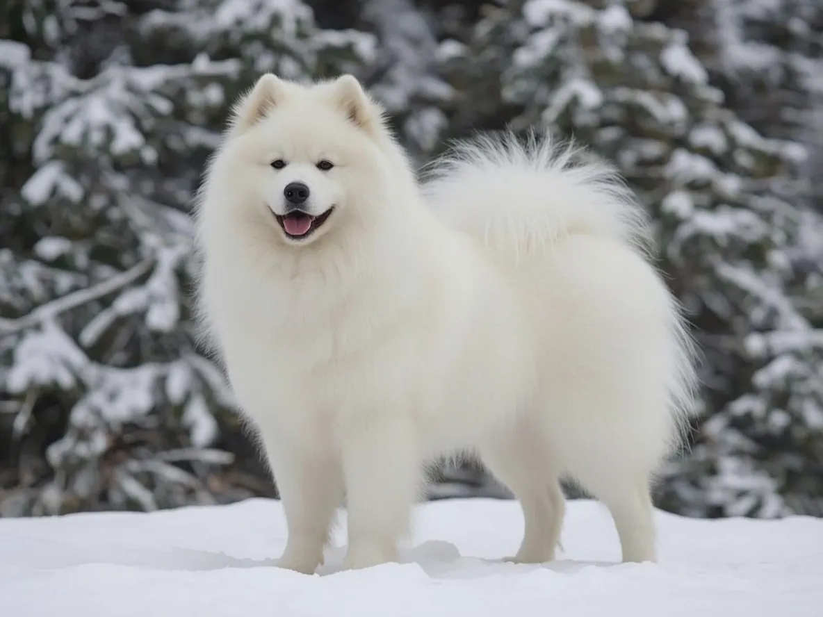 samoyed standing in snowy forest background fluffy coat winter scene